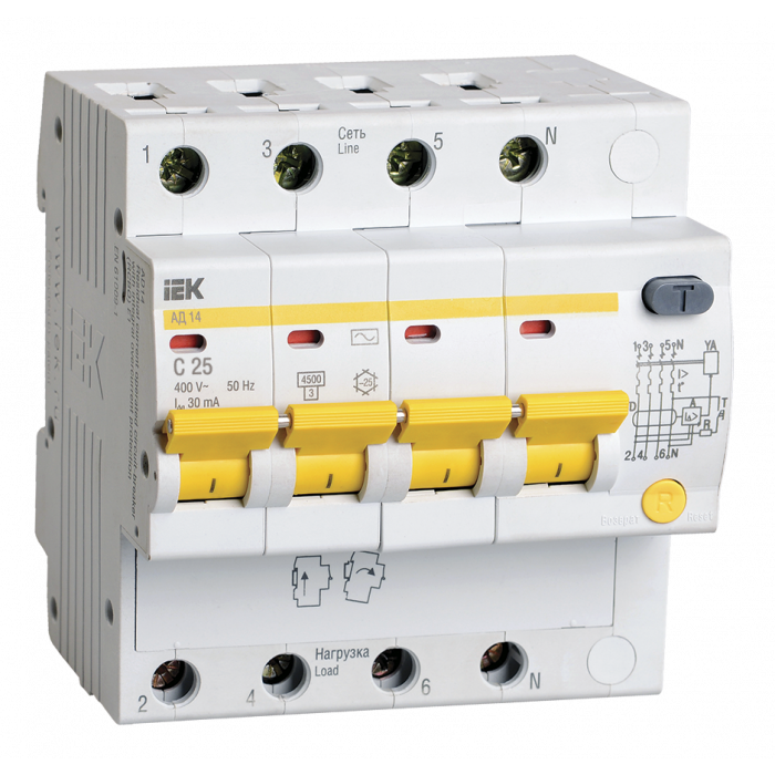 Диф.автомат АД14 4Р 25А  30мА IEK