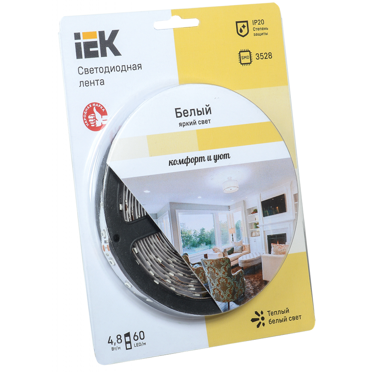 Стрічка LED 5м блістер LSR-3528WW60-4.8-IP20-12V теплий білий колір IEK-eco