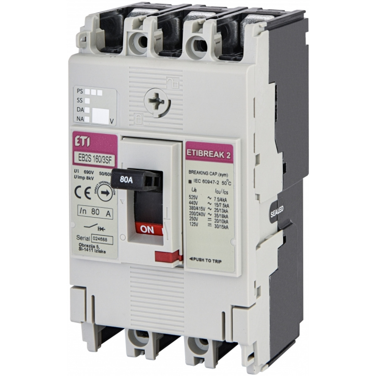 Автоматичний вимикач EB2S 160/3SF 80A (25kA, фікс./фікс.) 3P ETI (4671834)