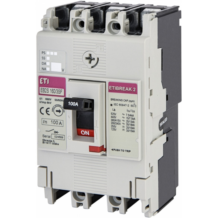 Автоматический выключатель EB2S 160/3SF 100A (25kA, фикс./фикс.) 3P ETI (4671835)