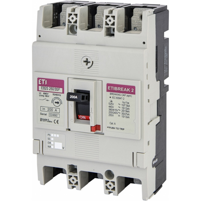 Автоматический выключатель EB2S 250/3SF 200A (25kA, фикс./фикс.) 3P ETI (4671838)