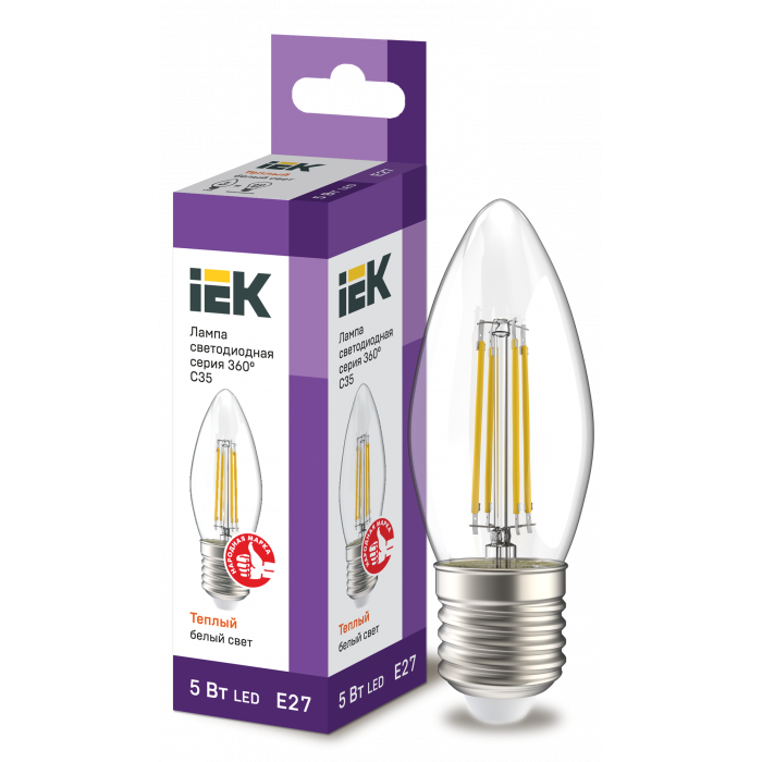 Лампа LED C35 свічка прозор. 5Вт 230В 3000К E27 серія 360 ° IEK