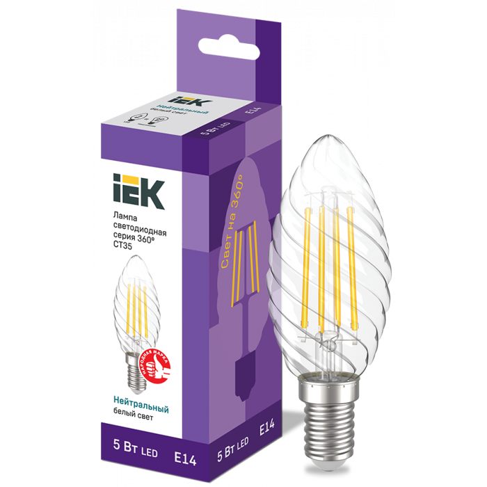 Лампа LED CT35 свеча вит. 5Вт 230В 4000К E14 серия 360° IEK
