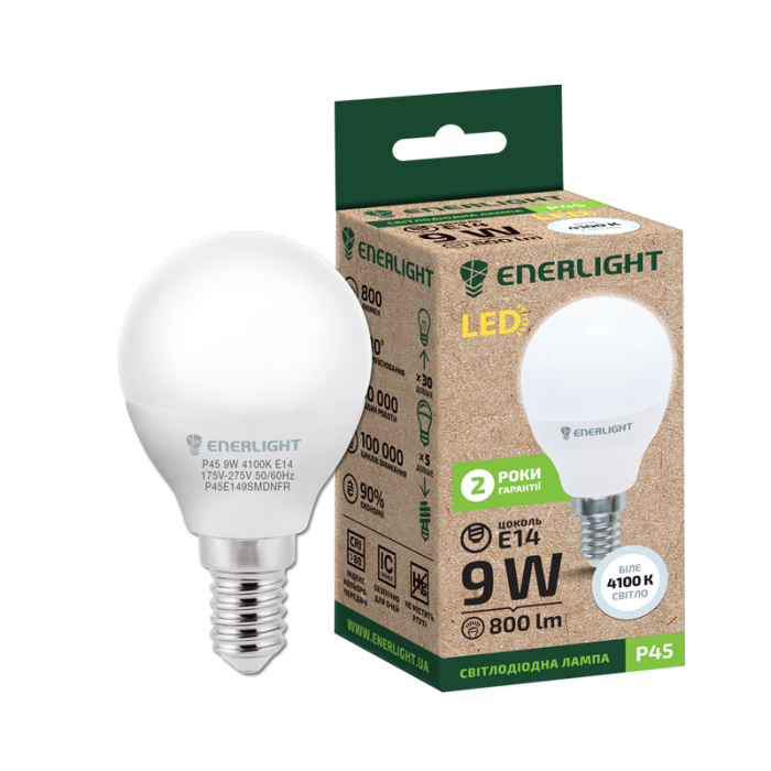 Лампа светодиодная 9Вт P45 Е14 4100К ENERLIGHT