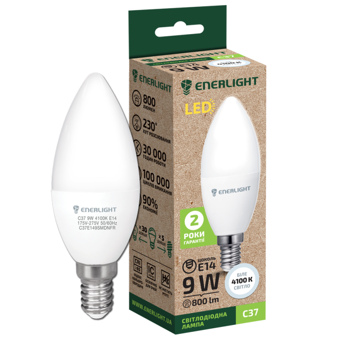Лампа светодиодная 9Вт С37 Е14 4100К ENERLIGHT