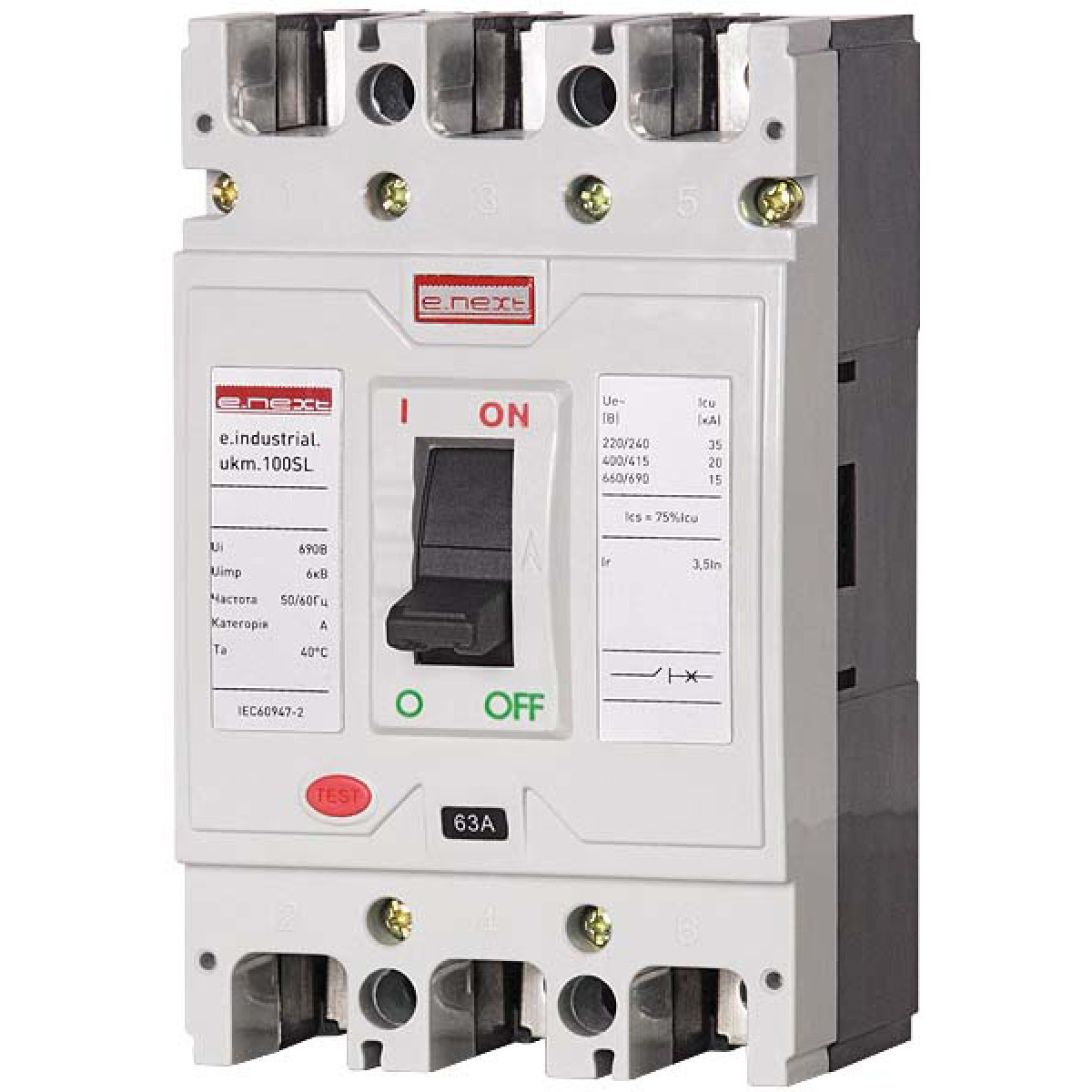 Силовий автоматичний вимикач e.industrial.ukm.100SL.80, 3р, 80А