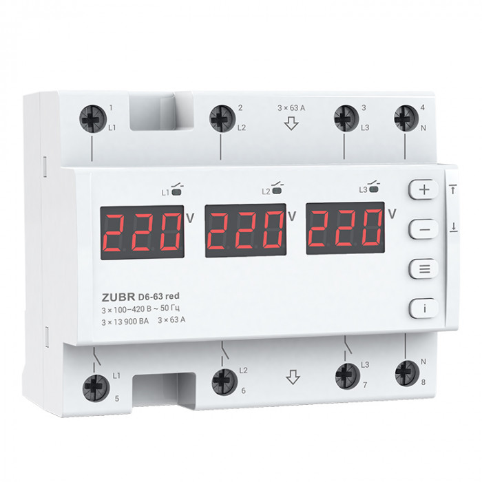 Трехфазное реле напряжения D6-63 red ZUBR