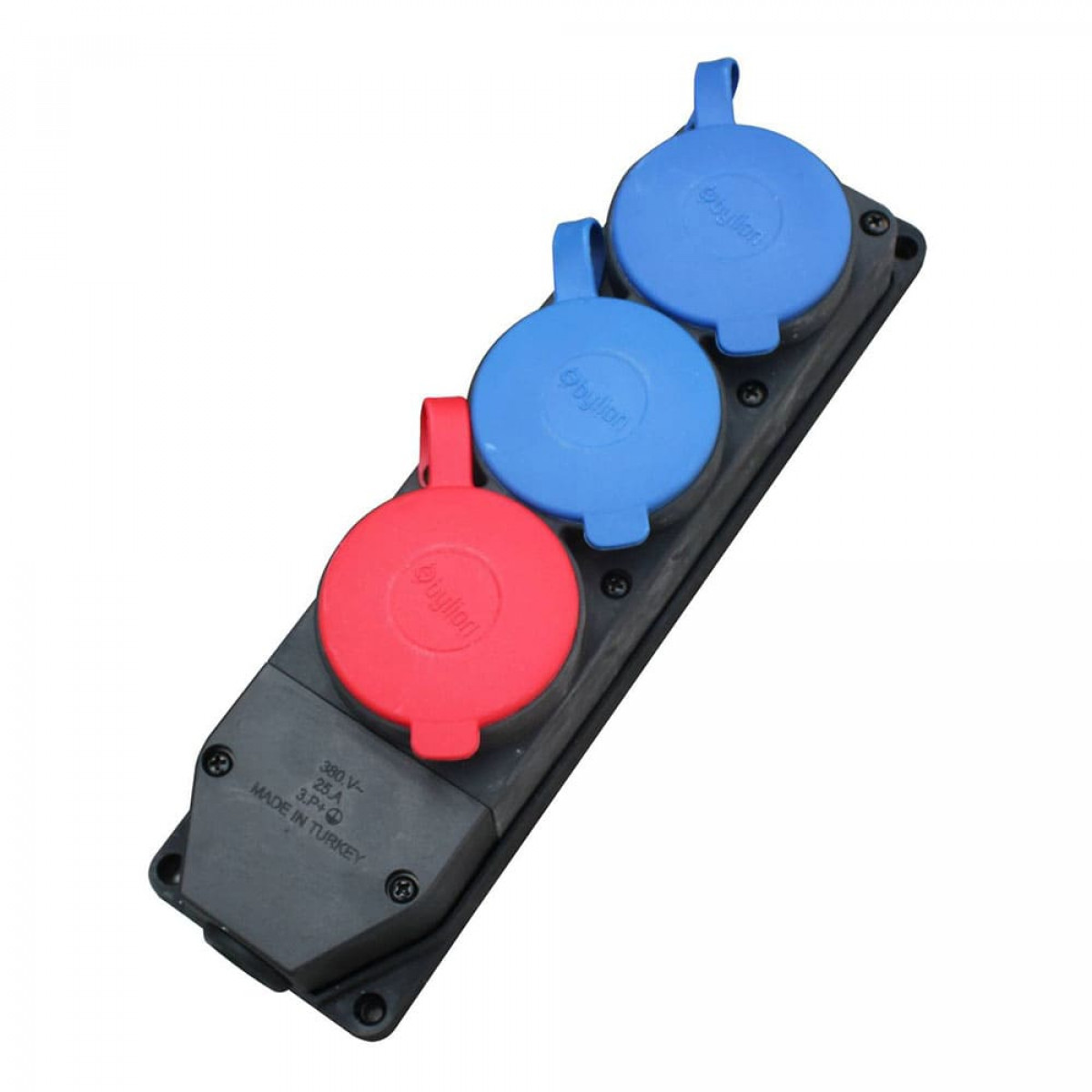 Розетка каучукова тримісна стаціонарна 1T2M 3Р+РЕ 25А/2Р+РЕ 2х16А IP44 чорна/червона/синя Bylion (403375)