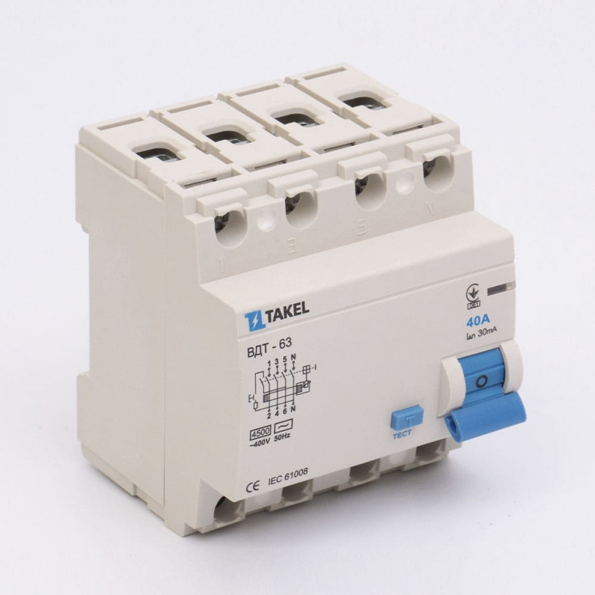 Вимикач диференційних струмів ВДТ-63 4P 30мА 40А Takel (506337)