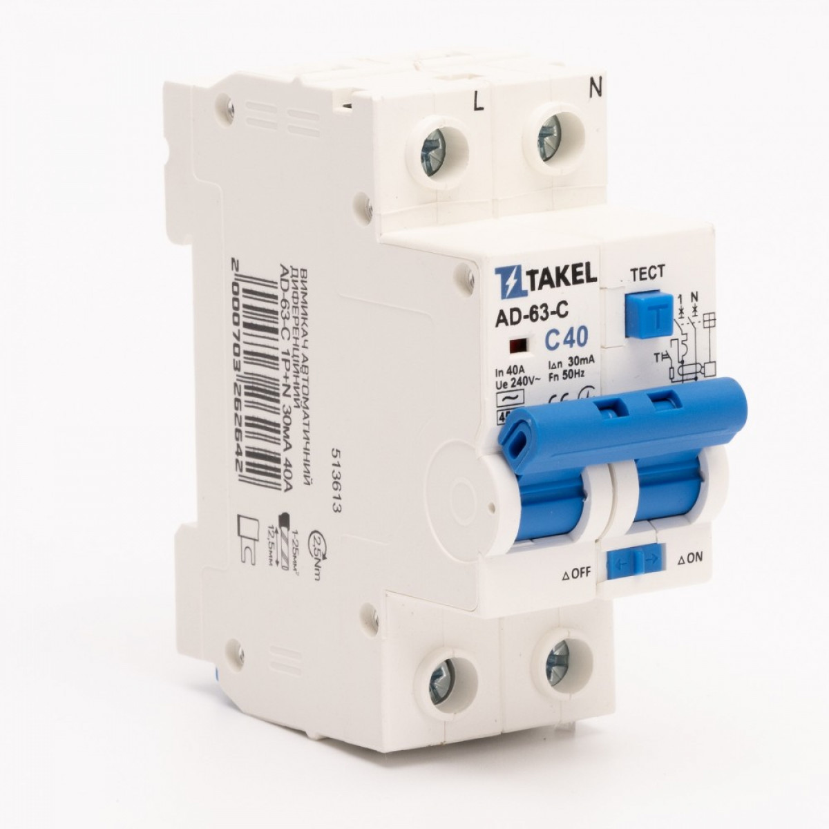 Вимикач автоматичний диференційний AD-63-С 1Р+N 30мА 40А Takel (513613)