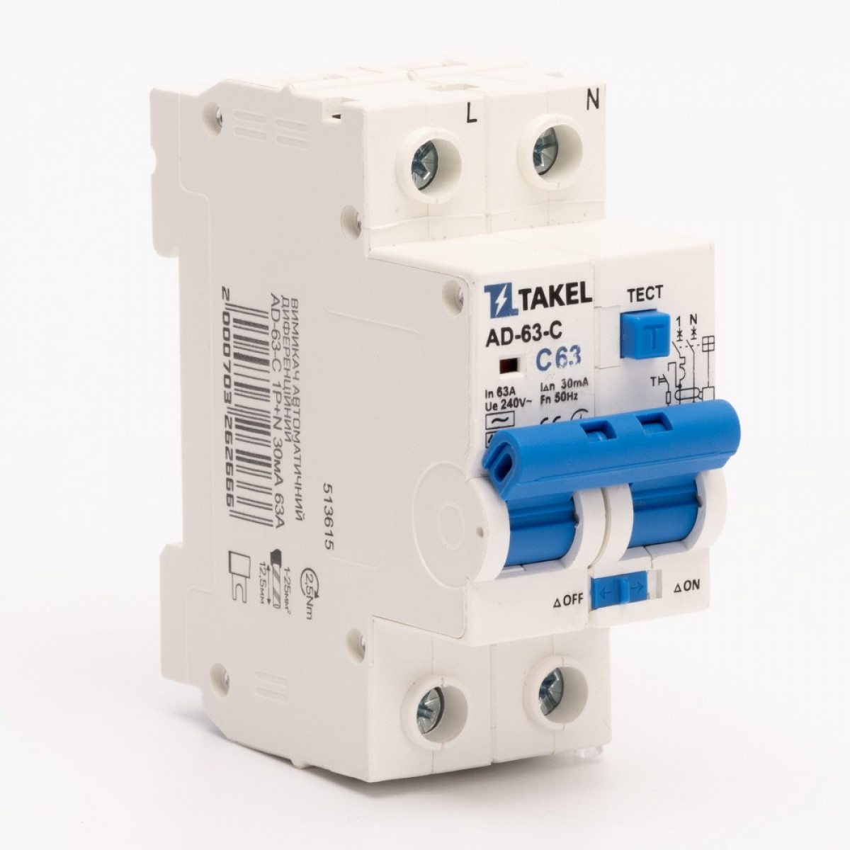 Вимикач автоматичний диференційний AD-63-С 1Р+N 30мА 63А Takel (513615)