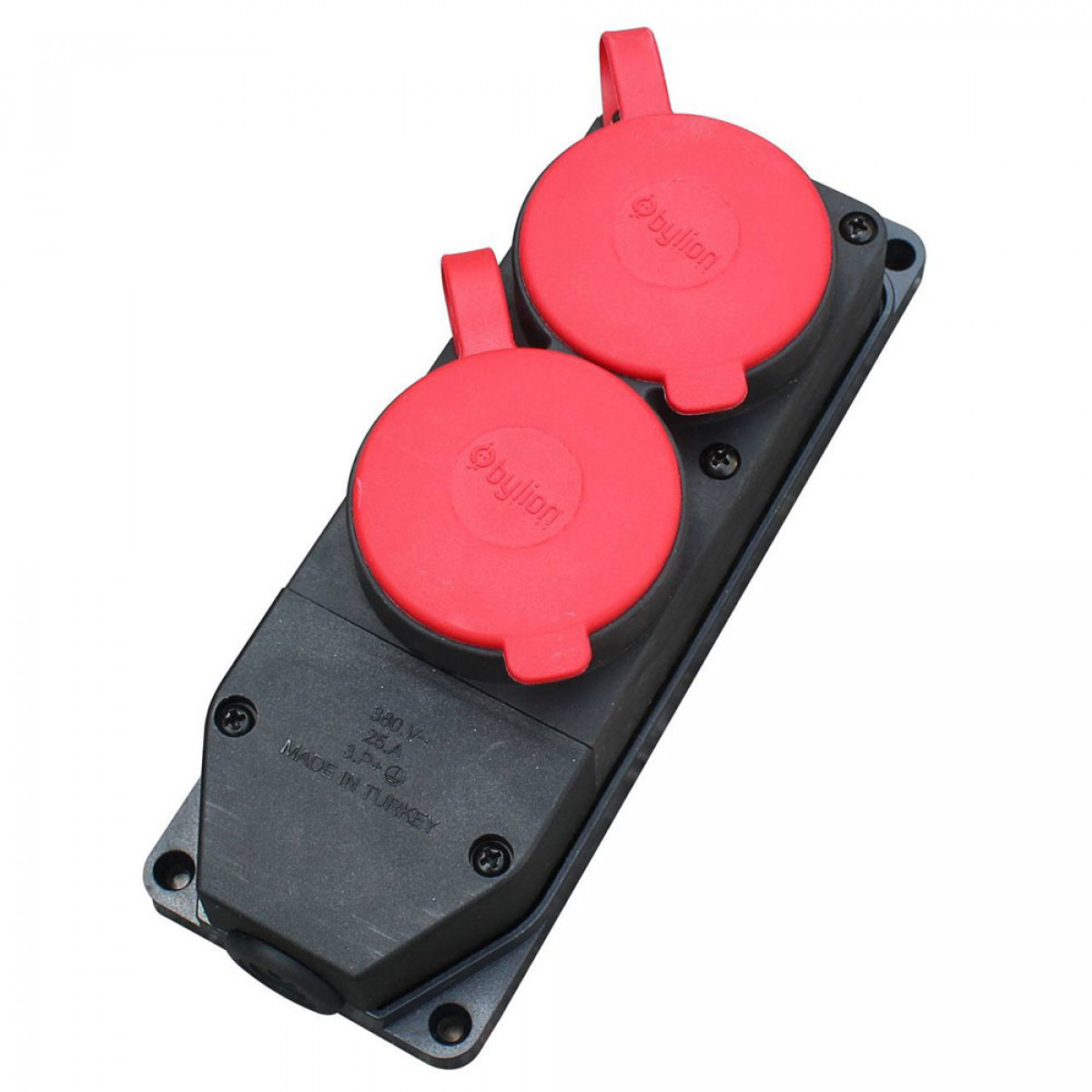 Розетка каучукова двомісна стаціонарна 2KMPT 3Р+РЕ 2х25А IP44 чорна/червона Bylion (403373)