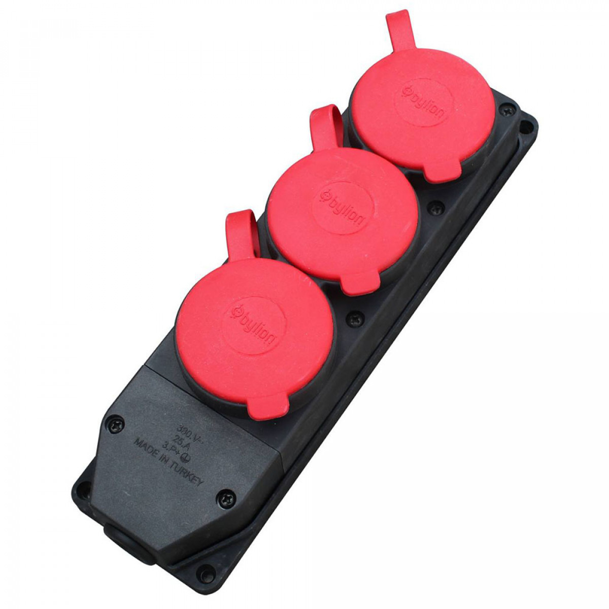 Розетка каучукова тримісна стаціонарна 3KMPT 3Р+РЕ 3х25А IP44 чорна/червона Bylion (403374)