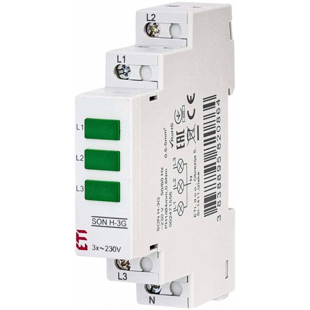 Трехфазный индикатор наличия напряжения SON H-3G (3x зеленый LED) ETI (2471556)