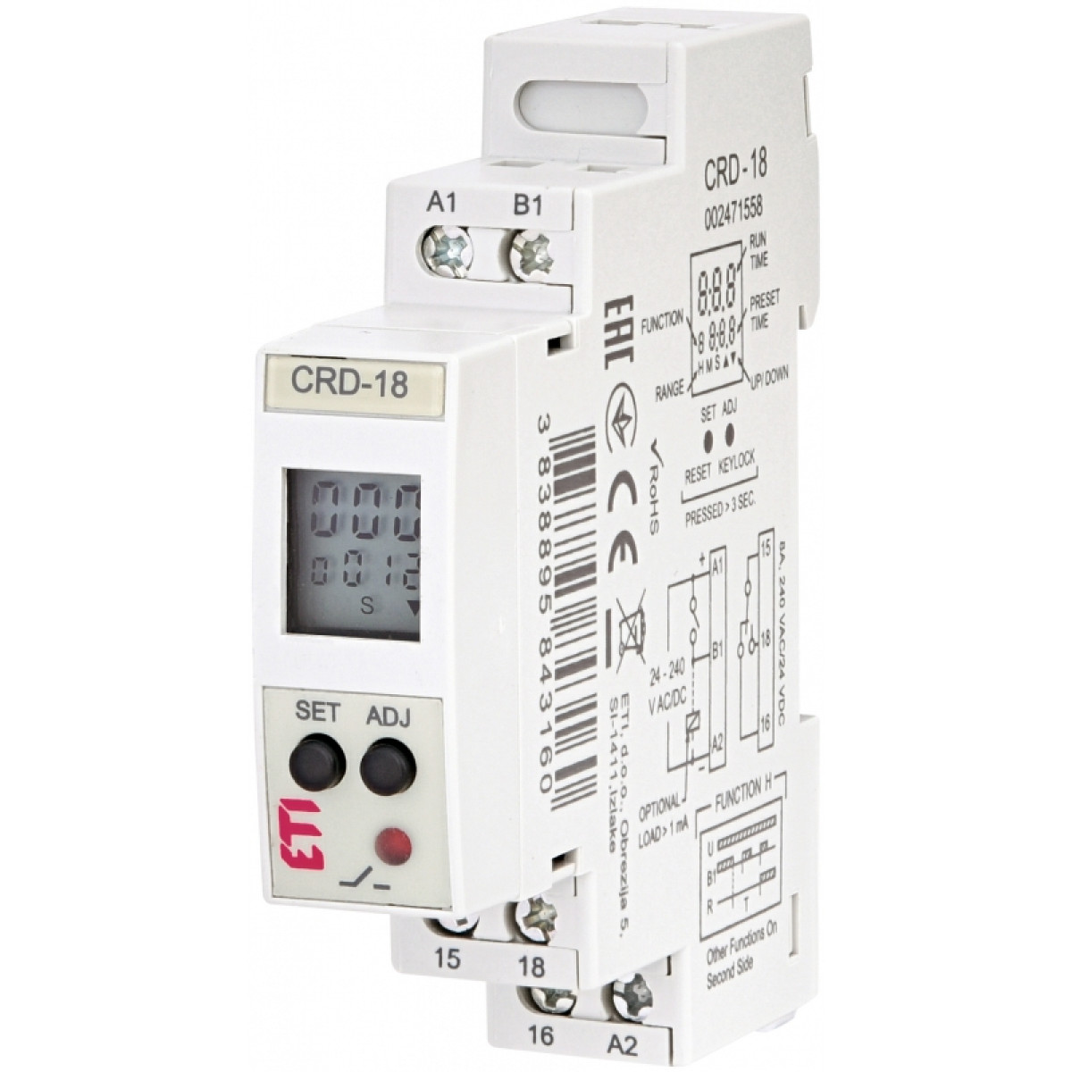 Многофункциональное цифровое реле времени CRD-18 (24-240V AC/DC, 1x8A AC1) ETI (2471558)