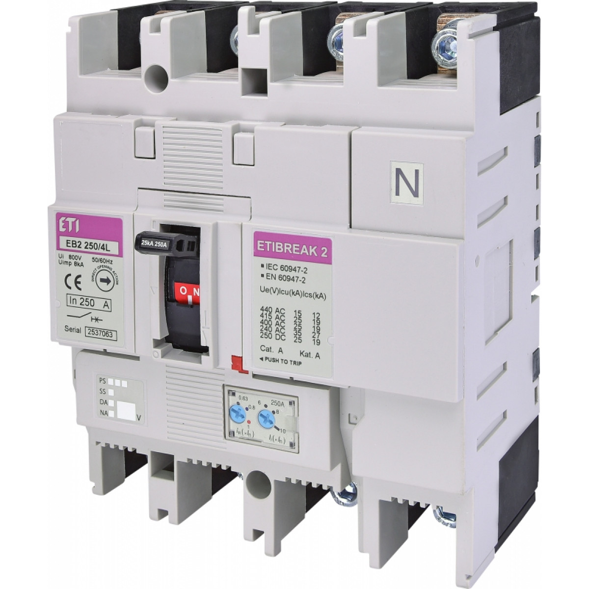 Автоматический выключатель EB2 250/4L 250A (25kA, (0.63-1)In/(6-10)In) 4P ETI (4671076)