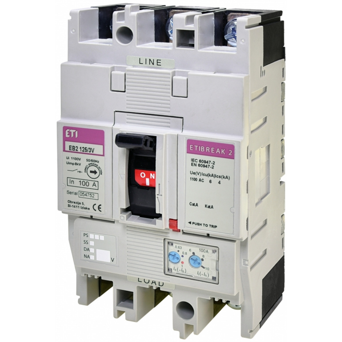 Автоматический выключатель EB2 125/3V 100A ((0.63-1)In/(6-12)In) 1000V 3P ETI (4671375)