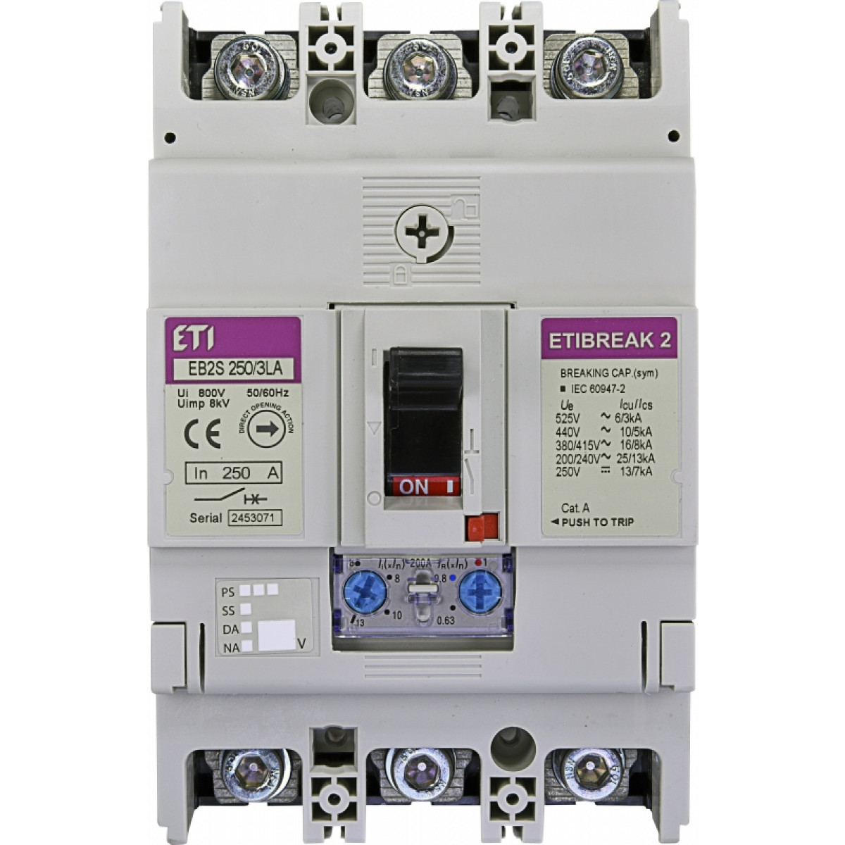 Автоматический выключатель EB2S 250/3LA 250A (16kA, (0.63-1)In/(5-11)In) 3P ETI (4671888)