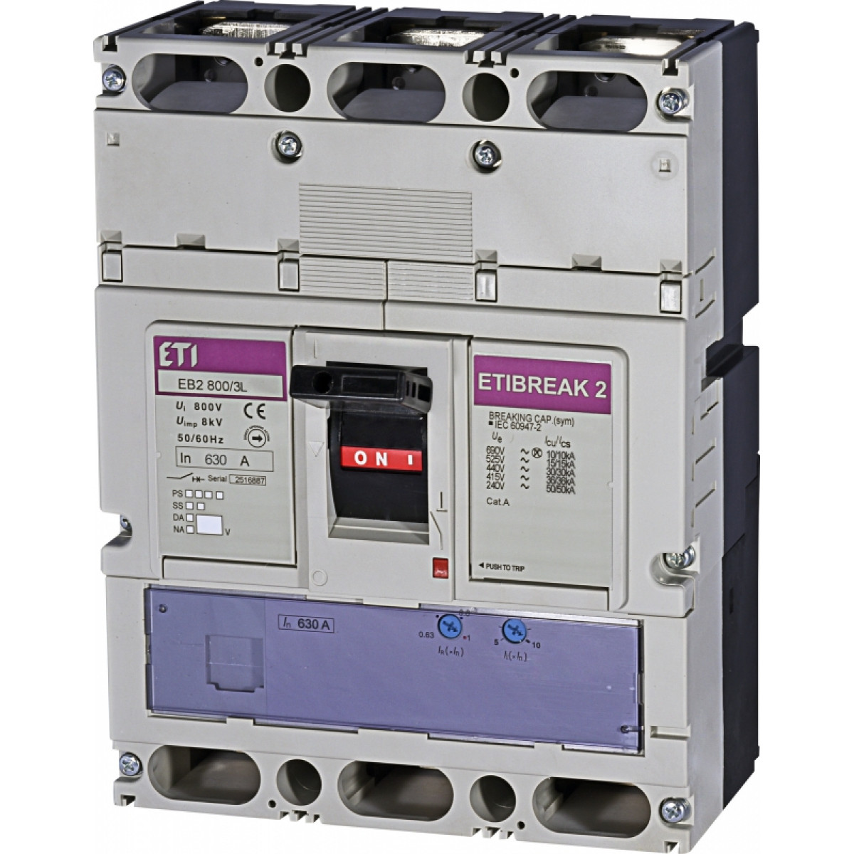 Автоматический выключатель EB2 800/3L 630A (36kA, (0.63-1)In/(5-10)In) 3P ETI (4672150)