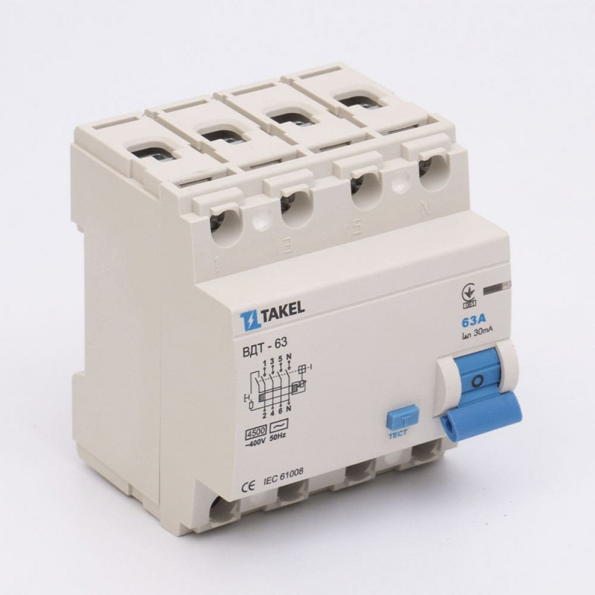 Выключатель дифференциальных токов ВДТ-63 4Р 30мА 63А Takel (506343)