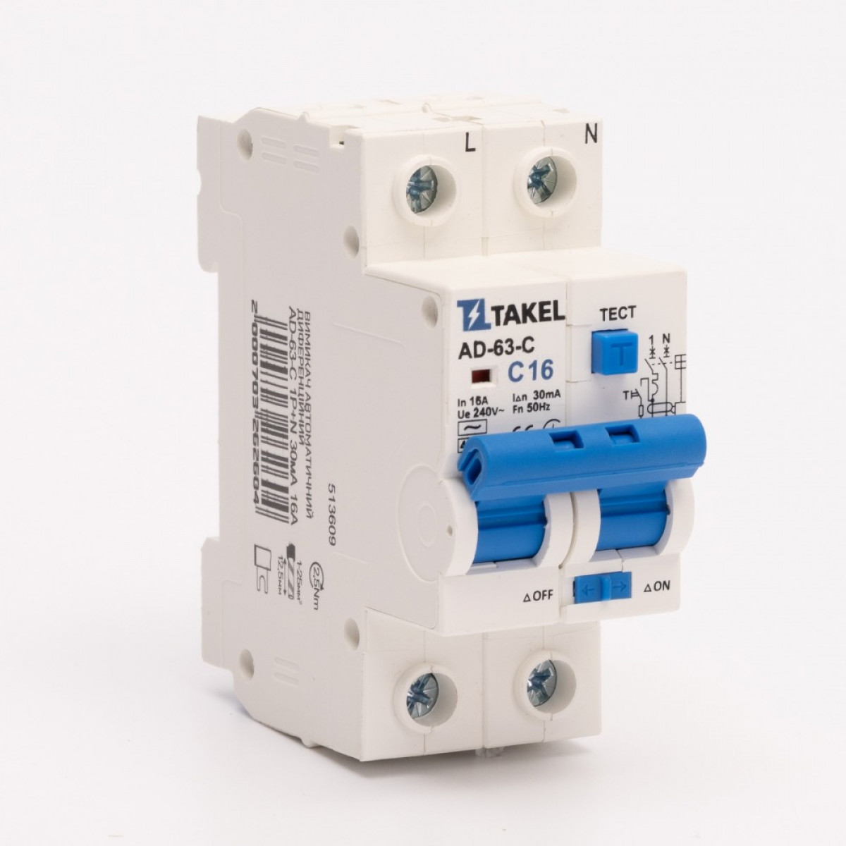 Вимикач автоматичний диференційний AD-63-С 1Р+N 30мА 16А Takel (513609)