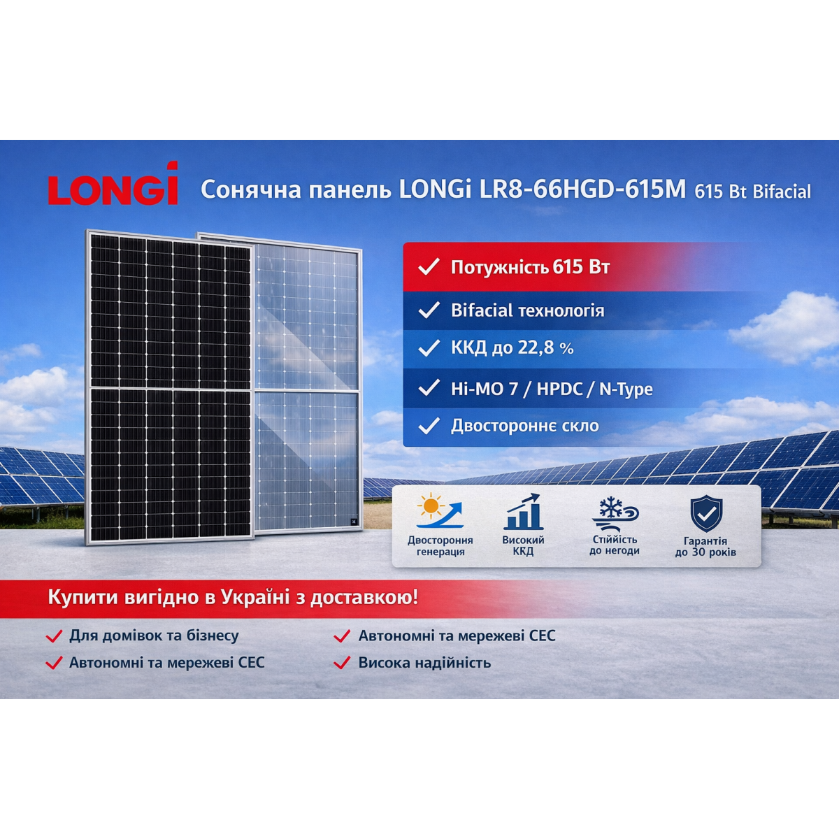 Сонячна панель LONGi LR8-66HGD-615M 615 Вт Bifacial